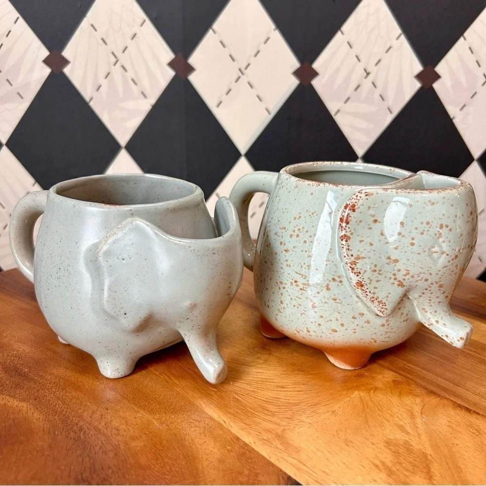 Elephant Ceramic Mugs Pair Pottery Cups with Tea Bag Holder‎ Pocket